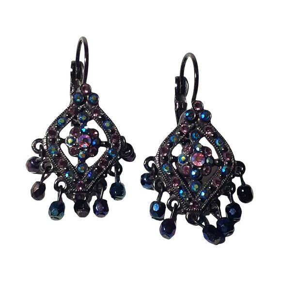 Vintage JOAN RIVERS Gunmetal Aurora Borealis Chandelier Pierced Earrings - Picture 10 of 12